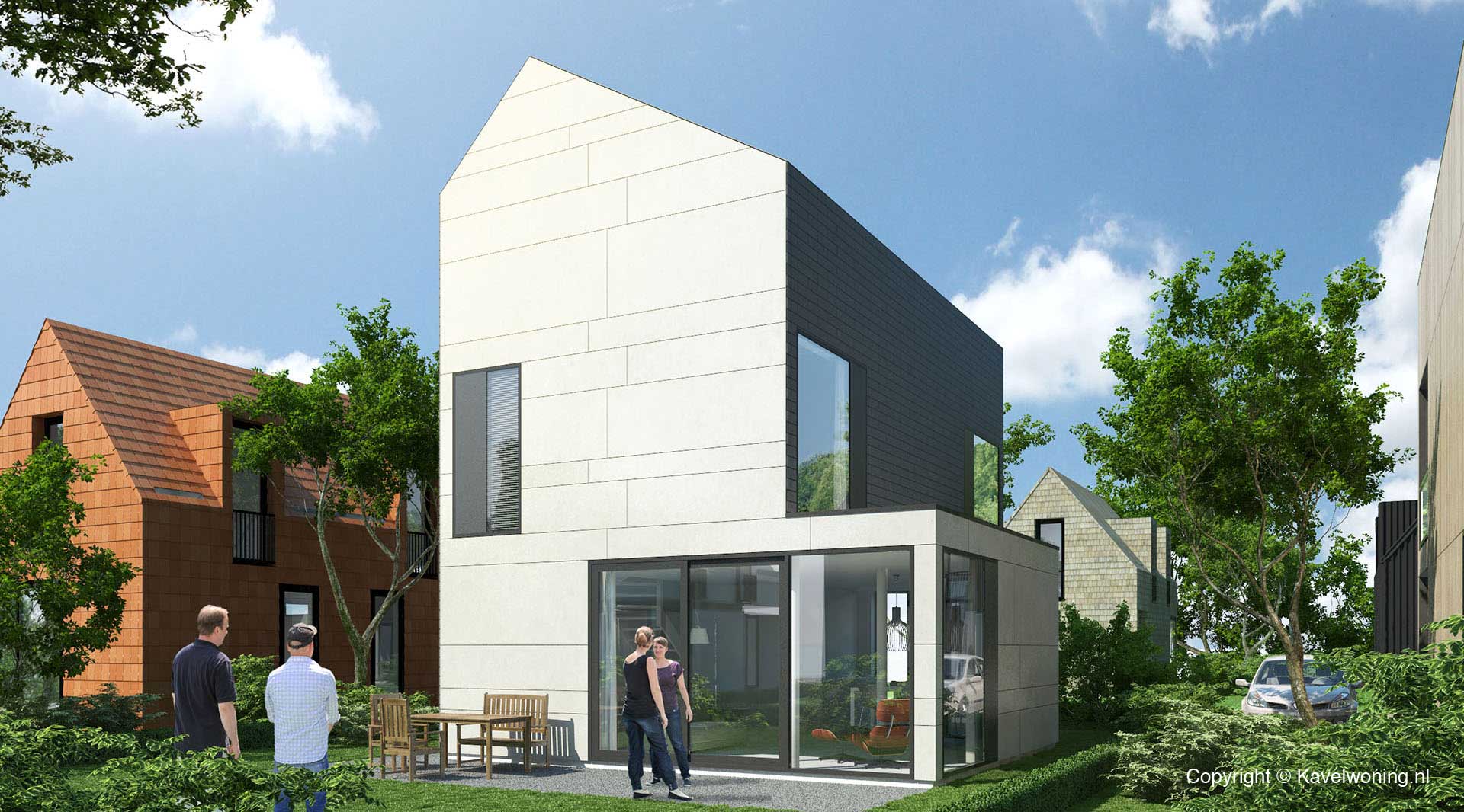 moderne vrijstaande cataloguswoning / zelfbouw woning - Datcha House met gevel van wit plaatmateriaal en uitbouw