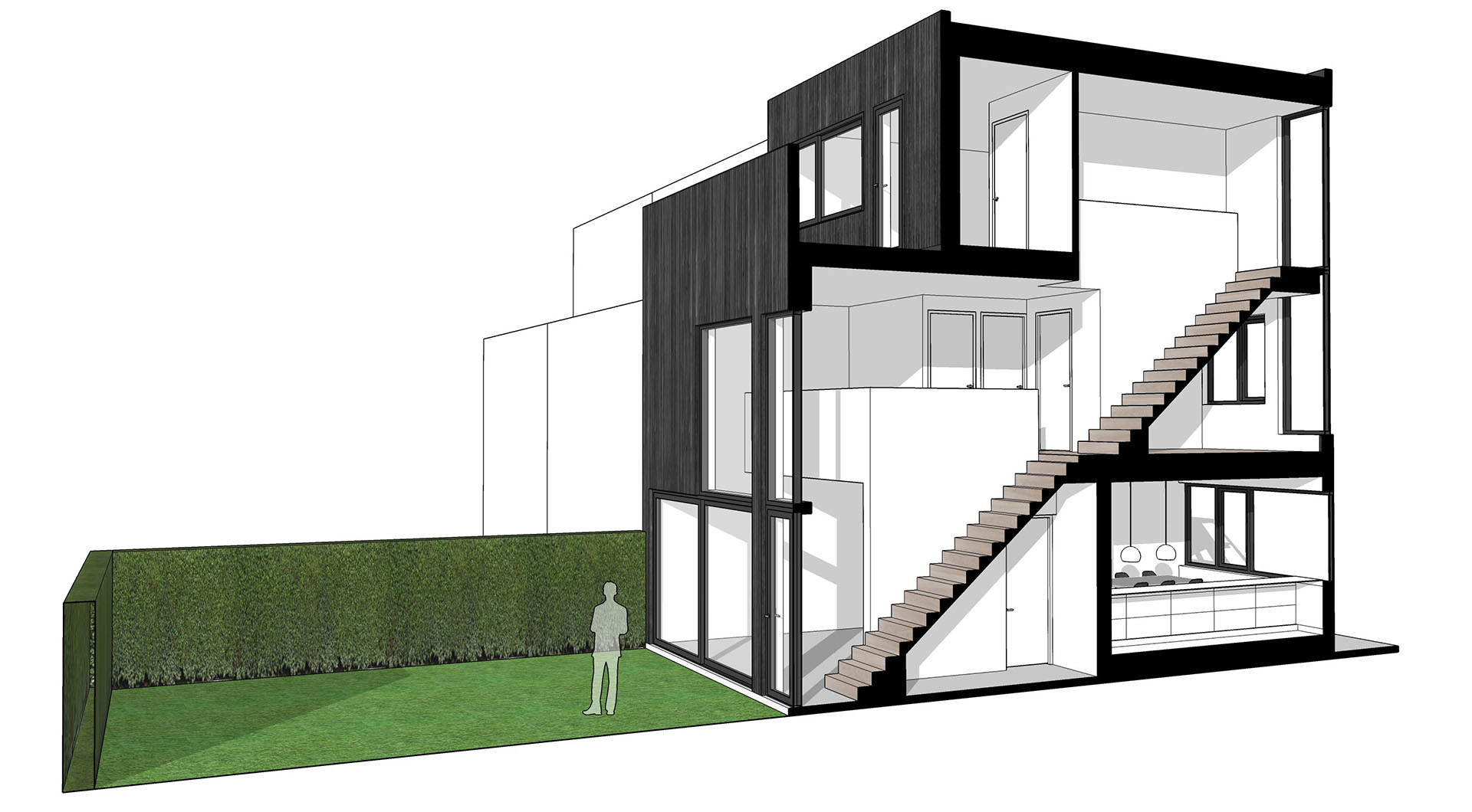 doorsnede moderne zelfbouw woning op maat - Cascade house met waterval trap en gevel van zwart hout, zwart houten gevel